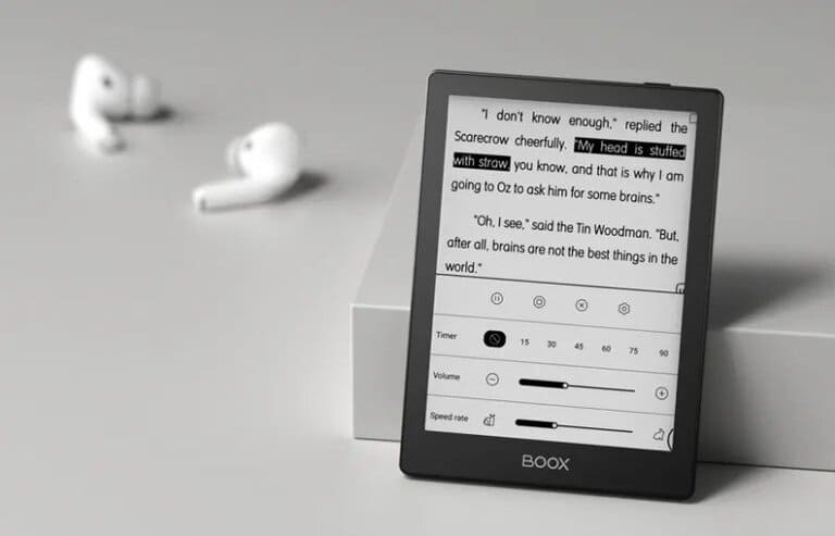 Máy đọc sách hỗ trợ nghe audio book qua Bluetooth, loa ngoài.